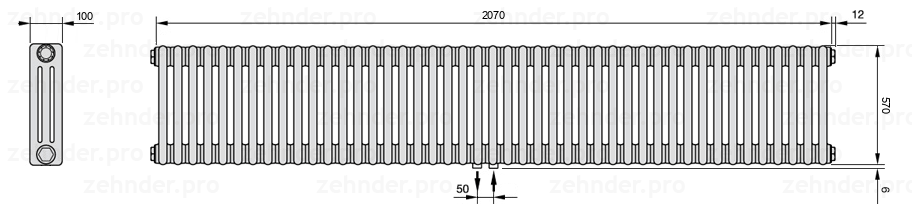 Схема (чертеж) Радиатор Zehnder Charleston 3057/45 №5410 Белый глянцевый RAL 9016